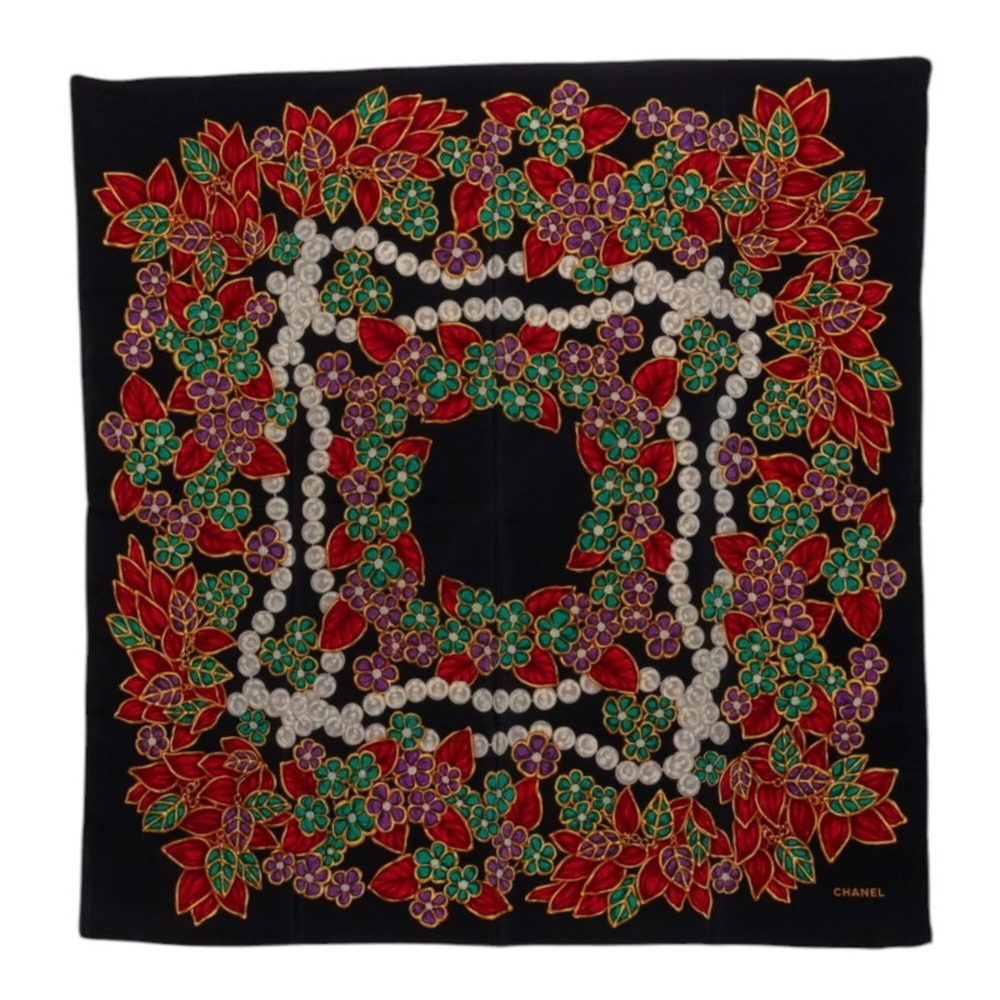 Chanel jewel-patterned scarf/muffler, large size, black/multicolor silk, for ...